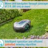 The Gardena Seleno Minimo lawn mower in action on a lawn, viewed from above. The lawn is neatly trimmed, and the mower is making precise lines.