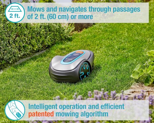 The Gardena Seleno Minimo lawn mower in action on a lawn, viewed from above. The lawn is neatly trimmed, and the mower is making precise lines.