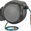 GARDENA 100' ft. Wall Mounted Retractable Reel with Hose Guide, automatic retraction for easy watering of garden or yard. Easy swivel