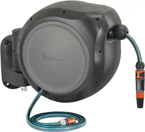 GARDENA 100' ft. Wall Mounted Retractable Reel with Hose Guide, automatic retraction for easy watering of garden or yard. Easy swivel