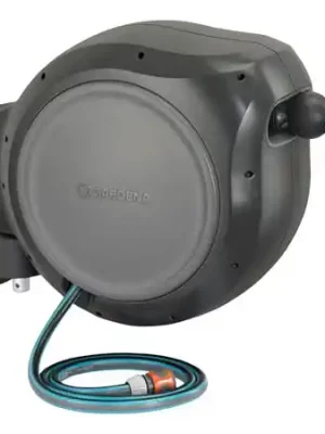 GARDENA 100' ft. Wall Mounted Retractable Reel with Hose Guide, automatic retraction for easy watering of garden or yard. Easy swivel