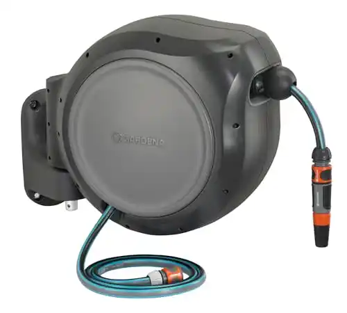GARDENA 100' ft. Wall Mounted Retractable Reel with Hose Guide, automatic retraction for easy watering of garden or yard. Easy swivel