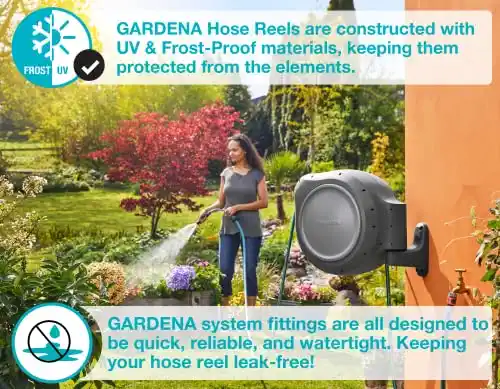 GARDENA 100' ft. Wall Mounted Retractable Reel with Hose Guide, automatic retraction for easy watering of garden or yard. Easy swivel