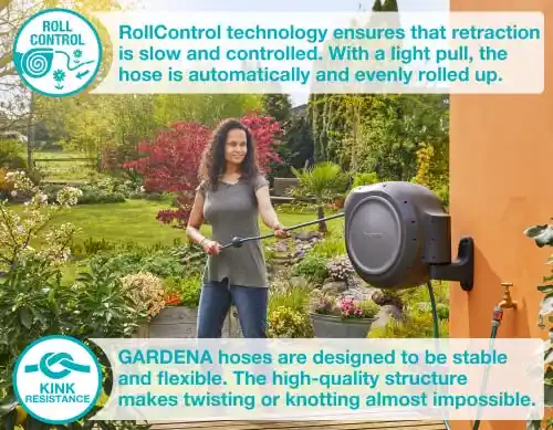 GARDENA 100' ft. Wall Mounted Retractable Reel with Hose Guide, automatic retraction for easy watering of garden or yard. Easy swivel