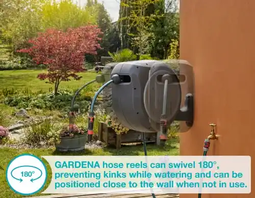 GARDENA 100' ft. Wall Mounted Retractable Reel with Hose Guide, automatic retraction for easy watering of garden or yard. Easy swivel
