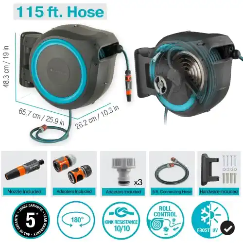 GARDENA 115' ft. Wall Mounted Retractable Hose Reel, Black and Turquoise
