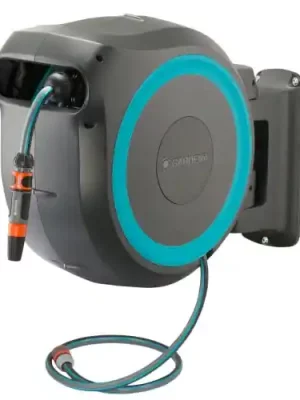 GARDENA 115' ft. Wall Mounted Retractable Hose Reel, Black and Turquoise