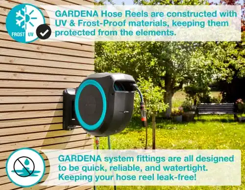 GARDENA 115' ft. Wall Mounted Retractable Hose Reel, Black and Turquoise