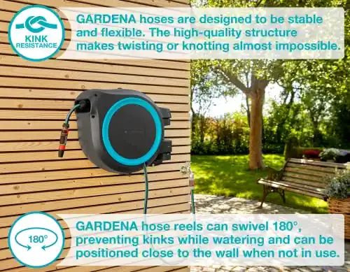 GARDENA 115' ft. Wall Mounted Retractable Hose Reel, Black and Turquoise