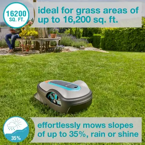 GARDENA 15108-41 SILENO Life - Automatic Robotic Lawn Mower, with Bluetooth app and Boundary Wire, The quietest in its Class, for lawns up to 16,200 Sq Ft, Made in Europe, Grey