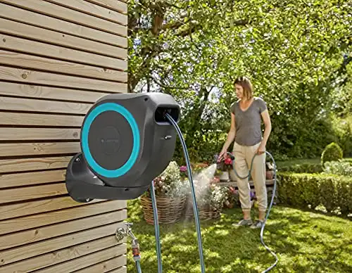 Gardena 18600 50 Foot Wall Mounted Retractable Hose Reel, 50 ft, Standard, Turquoise