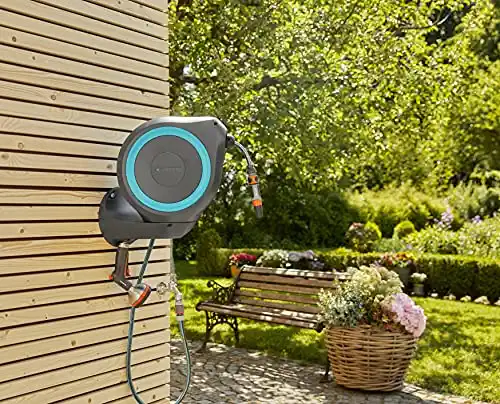 Gardena 18600 50 Foot Wall Mounted Retractable Hose Reel, 50 ft, Standard, Turquoise