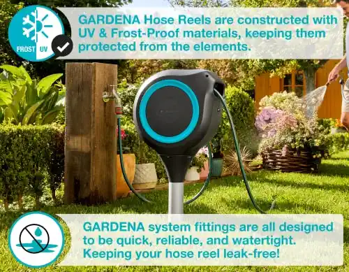 Gardena 18614-20 66 Foot Auto Retractable Hose Reel on Metal Spike, Feet, Standard, Turquoise