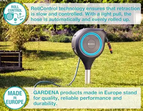 Gardena 18614-20 66 Foot Auto Retractable Hose Reel on Metal Spike, Feet, Standard, Turquoise