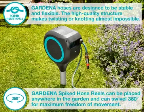 Gardena 18614-20 66 Foot Auto Retractable Hose Reel on Metal Spike, Feet, Standard, Turquoise