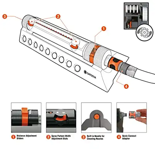 Gardena 1975-U AquaZoom Fully Adjustable oscillating Sprinkler, for Flexible, Leak Proof and Precise Watering, Compatible with Any Hose Brand, Made in Germany, 1975: 3900 SQ. FT, Grey
