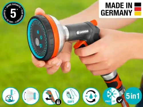 GARDENA 3817M-FP Frost Proof - Premium Metal Multi Sprayer (Five Spray Patterns) + Water Stop