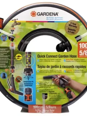 Gardena 39001 100 Foot 5/8 Inch Heavy-Duty Quick Connect Hose, Heavy-Duty 5-Ply Design, Includes Quick Connectors and Adadpters, Kink-Resistant