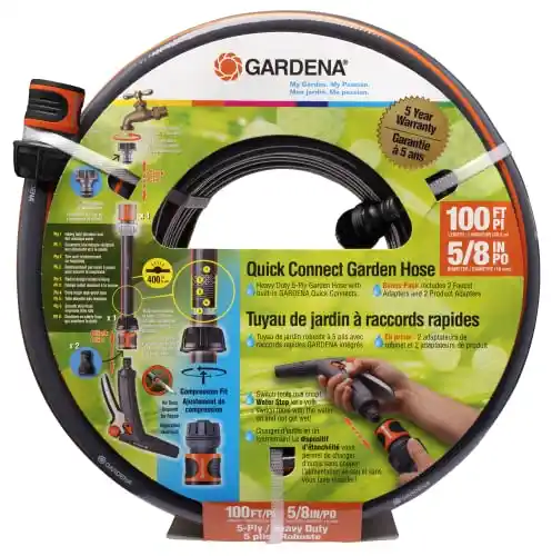 Gardena 39001 100 Foot 5/8 Inch Heavy-Duty Quick Connect Hose, Heavy-Duty 5-Ply Design, Includes Quick Connectors and Adadpters, Kink-Resistant