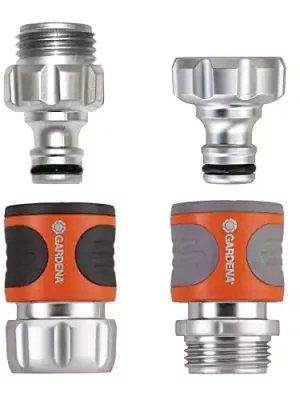 Gardena 39042-M 4 Piece Premium Metal Quick Connector Starter Set, Silver,Orange, Grey, Black
