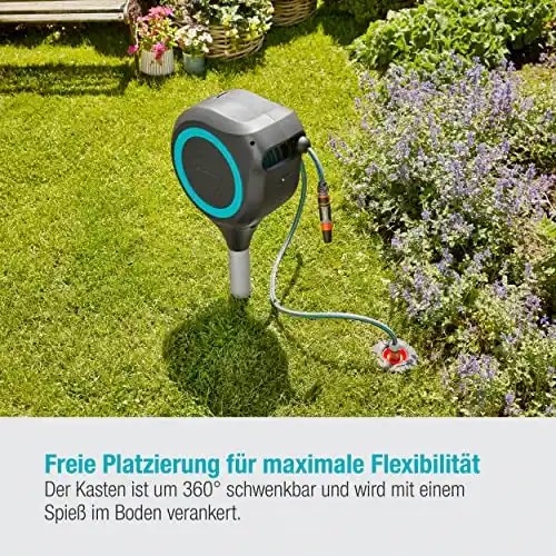 Gardena 50' ft. Auto Retractable Hose Reel on Metal Spike with easy swivel for simple watering of garden and grass. 5 year warranty