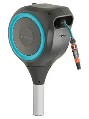 Gardena 50' ft. Auto Retractable Hose Reel on Metal Spike with easy swivel for simple watering of garden and grass. 5 year warranty