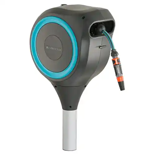 Gardena 50' ft. Auto Retractable Hose Reel on Metal Spike with easy swivel for simple watering of garden and grass. 5 year warranty