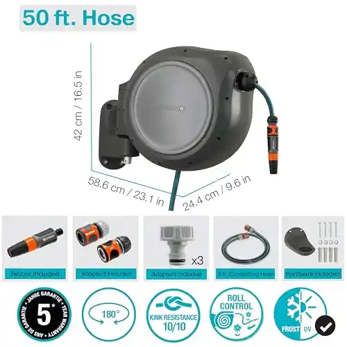 GARDENA 50' ft. Wall Mounted Retractable Reel with Hose Guide, automatic retraction for easy watering of garden or yard. Easy swivel