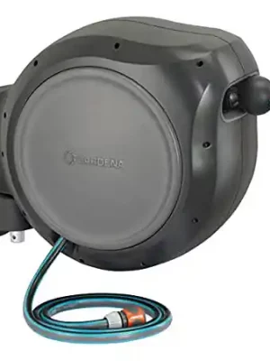 GARDENA 82' ft. Wall Mounted Retractable Reel with Hose Guide, automatic retraction for easy watering of garden or yard. Easy swivel